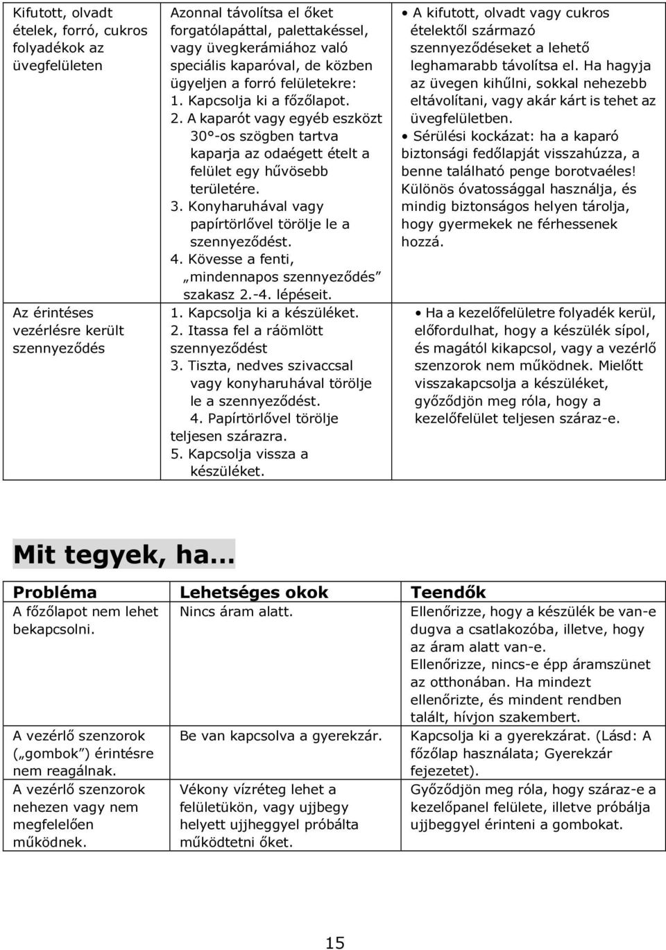 A kaparót vagy egyéb eszközt 30 -os szögben tartva kaparja az odaégett ételt a felület egy hűvösebb területére. 3. Konyharuhával vagy papírtörlővel törölje le a szennyeződést. 4.