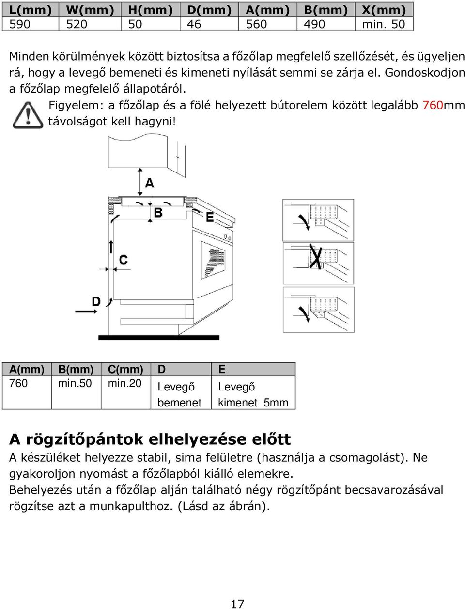 Gondoskodjon a főzőlap megfelelő állapotáról. Figyelem: a főzőlap és a fölé helyezett bútorelem között legalább 760mm távolságot kell hagyni! A(mm) B(mm) C(mm) D E 760 min.50 min.