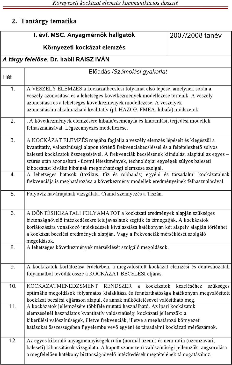 A veszély azonosítása és a lehetséges következmények modellezése. A veszélyek azonosítására alkalmazható kvalitatív (pl. HAZOP, FMEA, hibafa) módszerek. 2.