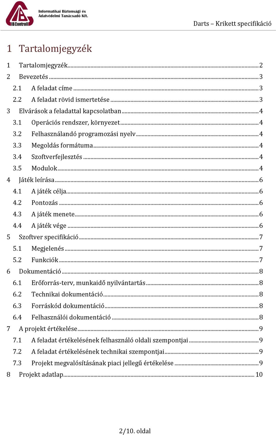 Darts - Krikett Projekt feladat specifikáció - PDF Free Download