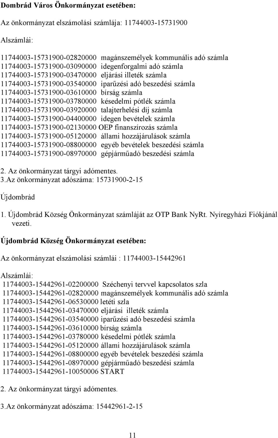 11744003-15731900-03780000 késedelmi pótlék számla 11744003-15731900-03920000 talajterhelési díj számla 11744003-15731900-04400000 idegen bevételek számla 11744003-15731900-02130000 OEP finanszírozás