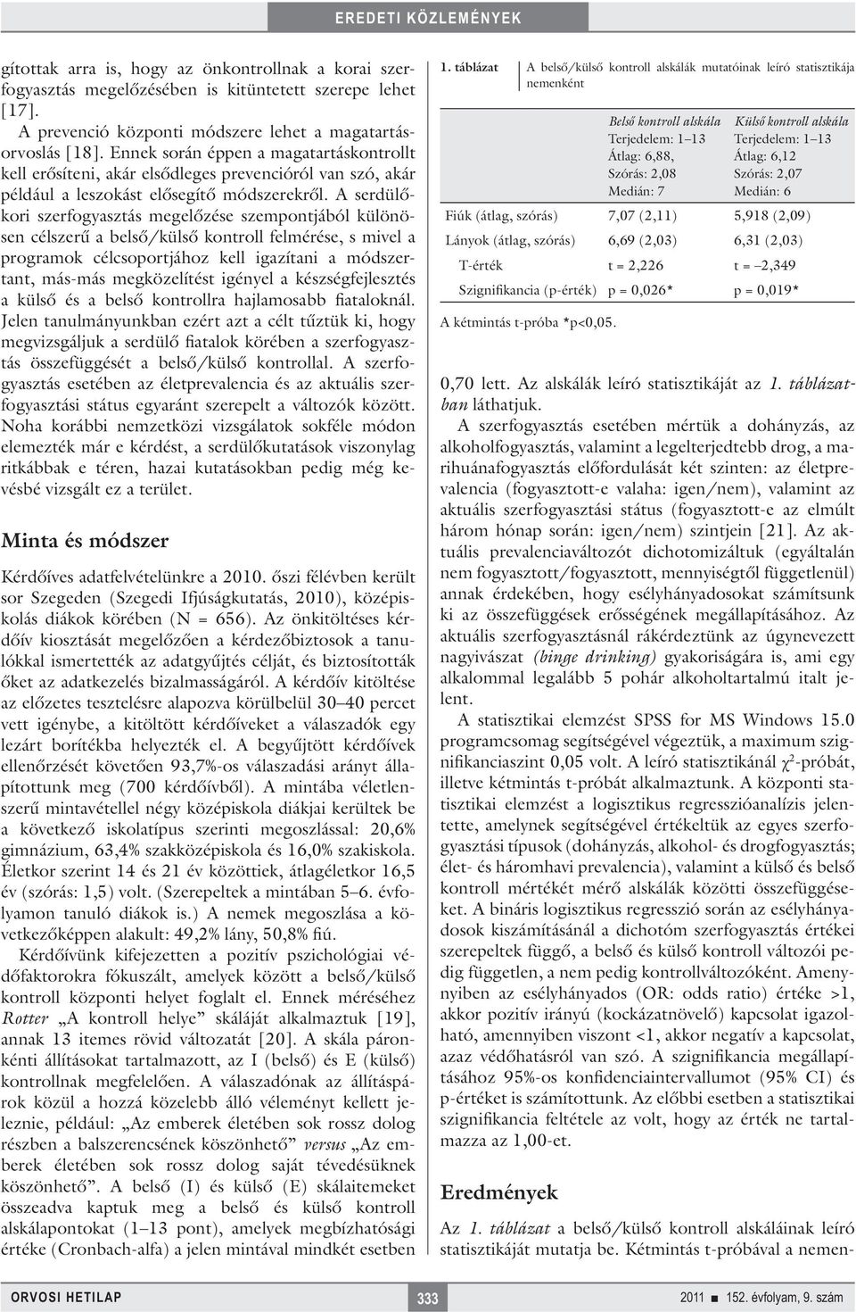 A serdülőkori szerfogysztás megelőzése szempontjából különösen célszerű belső/külső kontroll felmérése, s mivel progrmok célcsoportjához kell igzítni módszertnt, más-más megközelítést igényel