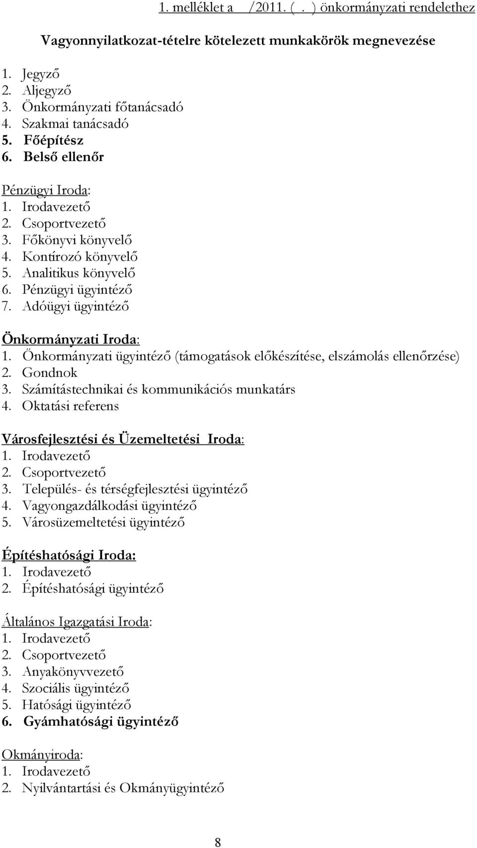 Önkormányzati ügyintéző (támogatások előkészítése, elszámolás ellenőrzése) 2. Gondnok 3. Számítástechnikai és kommunikációs munkatárs 4. Oktatási referens Városfejlesztési és Üzemeltetési Iroda: 2.