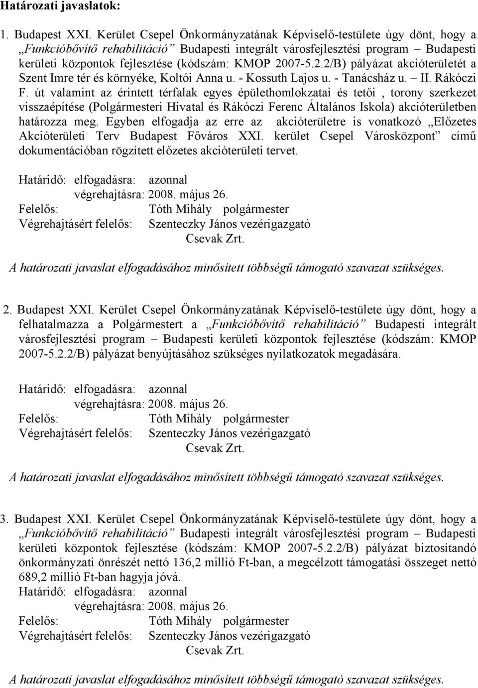 2007-5.2.2/B) pályázat akcióterületét a Szent Imre tér és környéke, Koltói Anna u. - Kossuth Lajos u. - Tanácsház u. II. Rákóczi F.