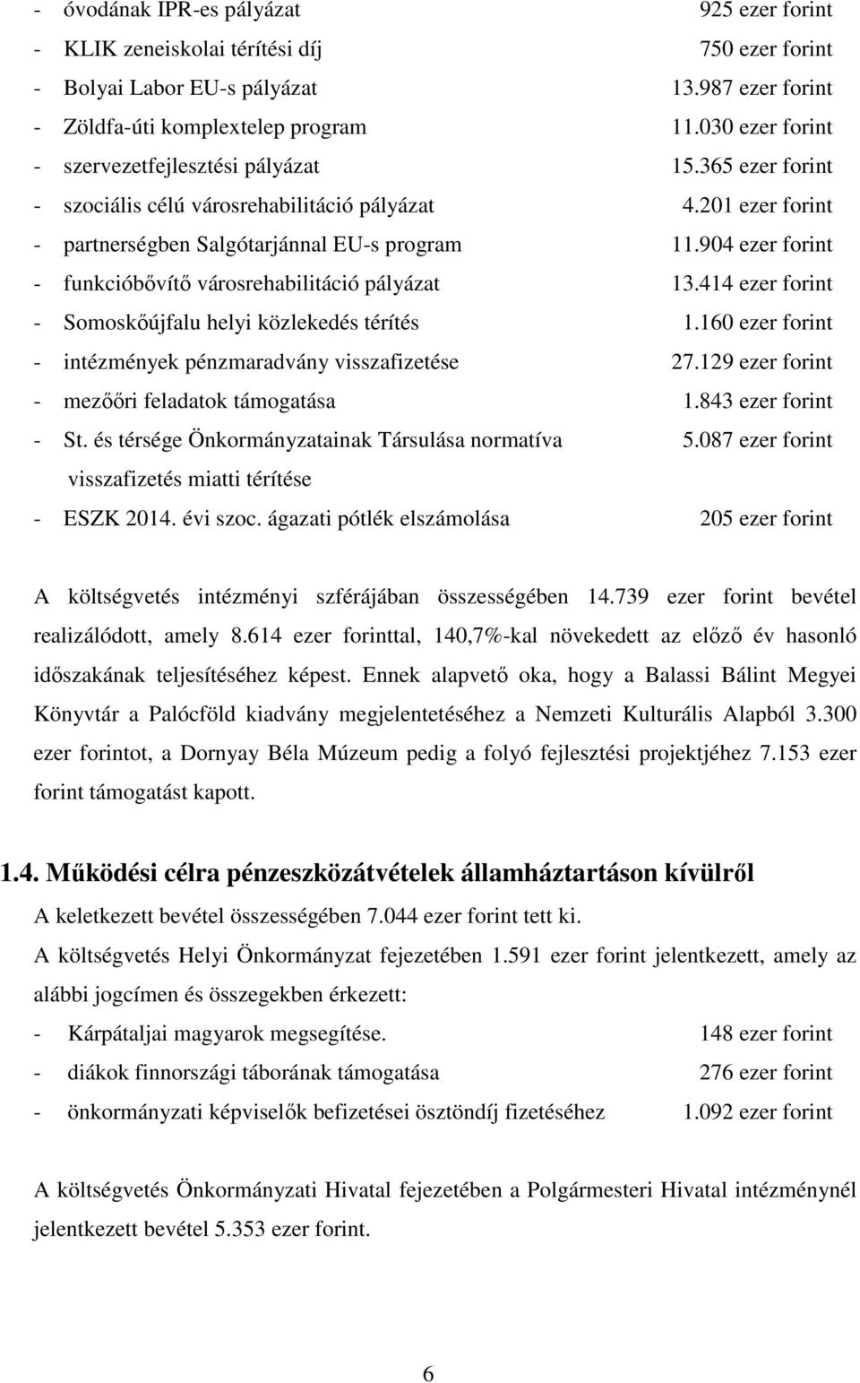 904 ezer forint - funkcióbővítő városrehabilitáció pályázat 13.414 ezer forint - Somoskőújfalu helyi közlekedés térítés 1.160 ezer forint - intézmények pénzmaradvány visszafizetése 27.