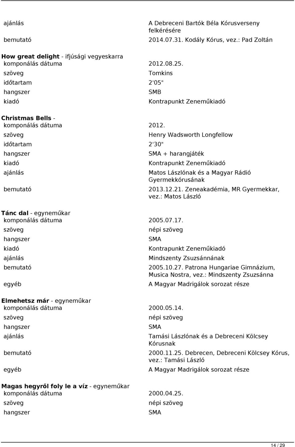 Henry Wadsworth Longfellow 2'30" + harangjáték Kontrapunkt Zenemű Matos Lászlónak és a Magyar Rádió Gyermekkórusának 2013.12.21. Zeneakadémia, MR Gyermekkar, vez.