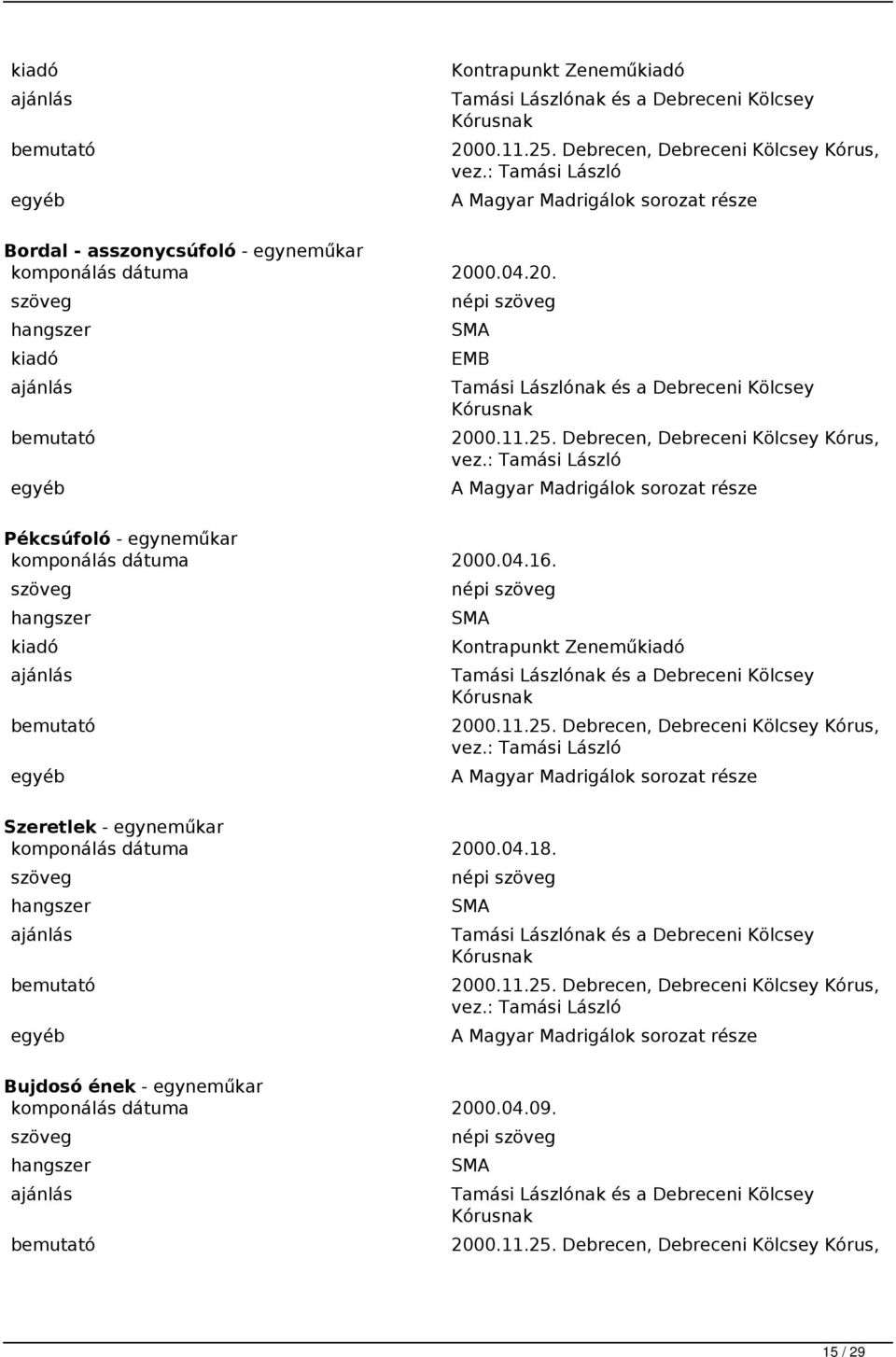 Debrecen, Debreceni Kölcsey Kórus, vez.: Tamási László A Magyar Madrigálok sorozat része Pékcsúfoló - egyneműkar komponálás dátuma 2000.04.16.