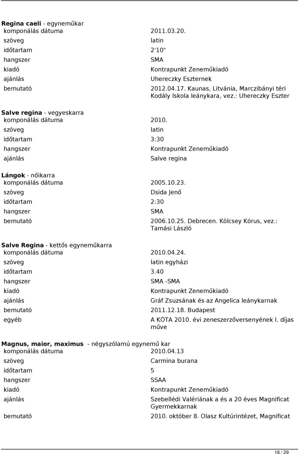 Kölcsey Kórus, vez.: Tamási László Salve Regina - kettős egyneműkarra komponálás dátuma 2010.04.24. 3.40 latin egyházi - Kontrapunkt Zenemű Gráf Zsuzsának és az Angelica leánykarnak 2011.12.18.