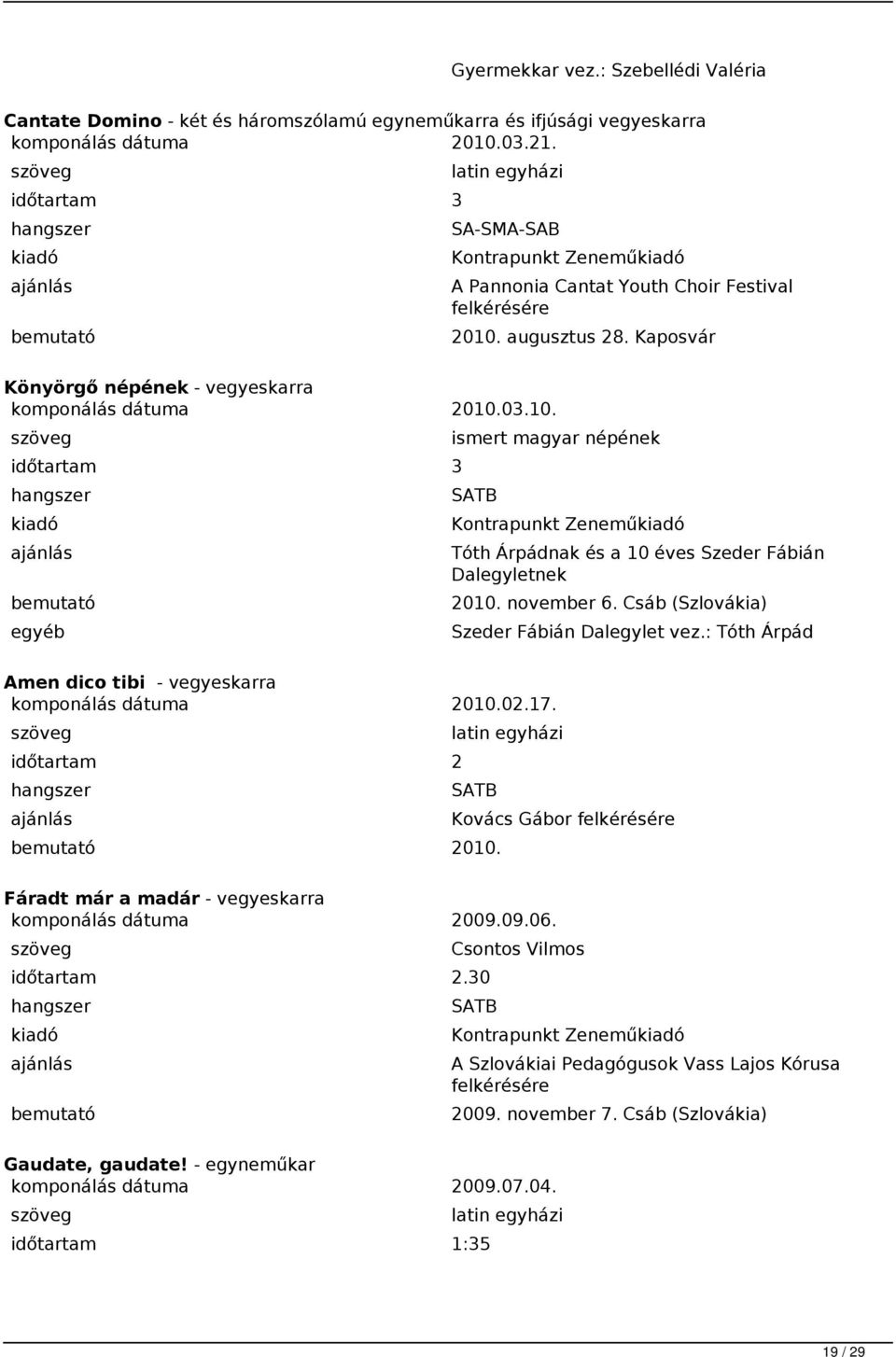 augusztus 28. Kaposvár Könyörgő népének - vegyeskarra komponálás dátuma 2010.03.10. 3 ismert magyar népének Kontrapunkt Zenemű Tóth Árpádnak és a 10 éves Szeder Fábián Dalegyletnek 2010. november 6.
