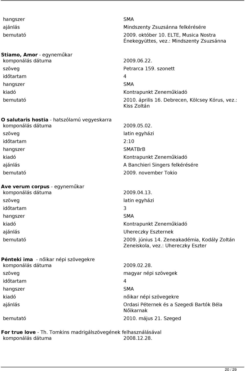 2:10 latin egyházi TBrB Kontrapunkt Zenemű A Banchieri Singers felkérésére 2009. november Tokio Ave verum corpus - egyneműkar komponálás dátuma 2009.04.13.