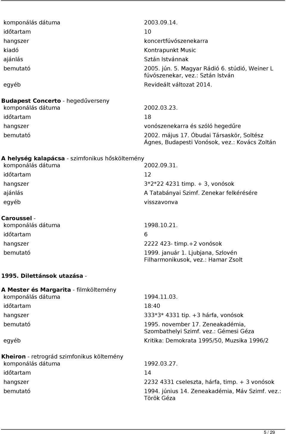 : Kovács Zoltán A helység kalapácsa - szimfonikus hősköltemény komponálás dátuma 2002.09.31. 12 3*2*22 4231 timp. + 3, vonósok A Tatabányai Szimf.