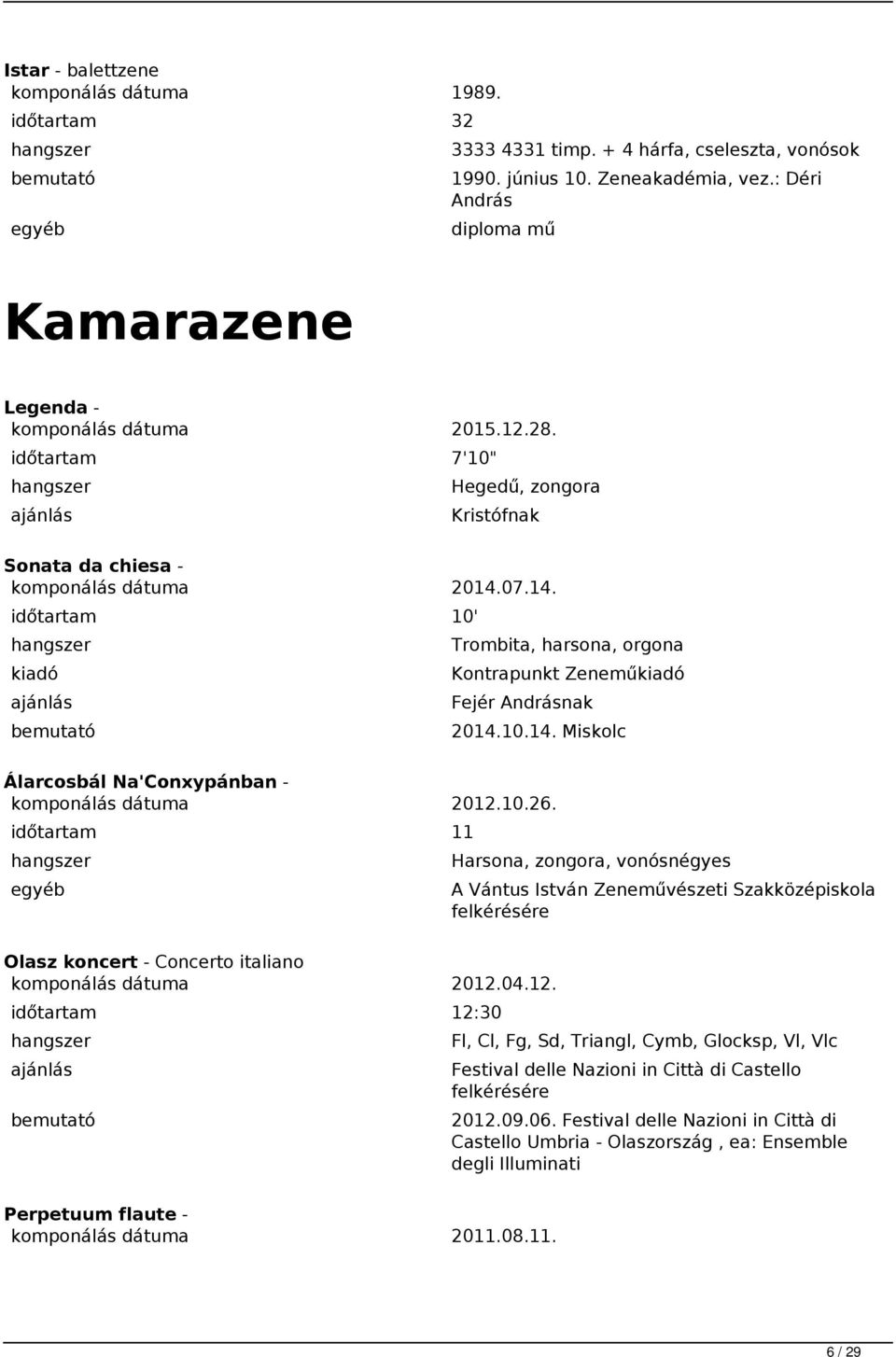 10.26. 11 Harsona, zongora, vonósnégyes A Vántus István Zeneművészeti Szakközépiskola felkérésére Olasz koncert - Concerto italiano komponálás dátuma 2012.