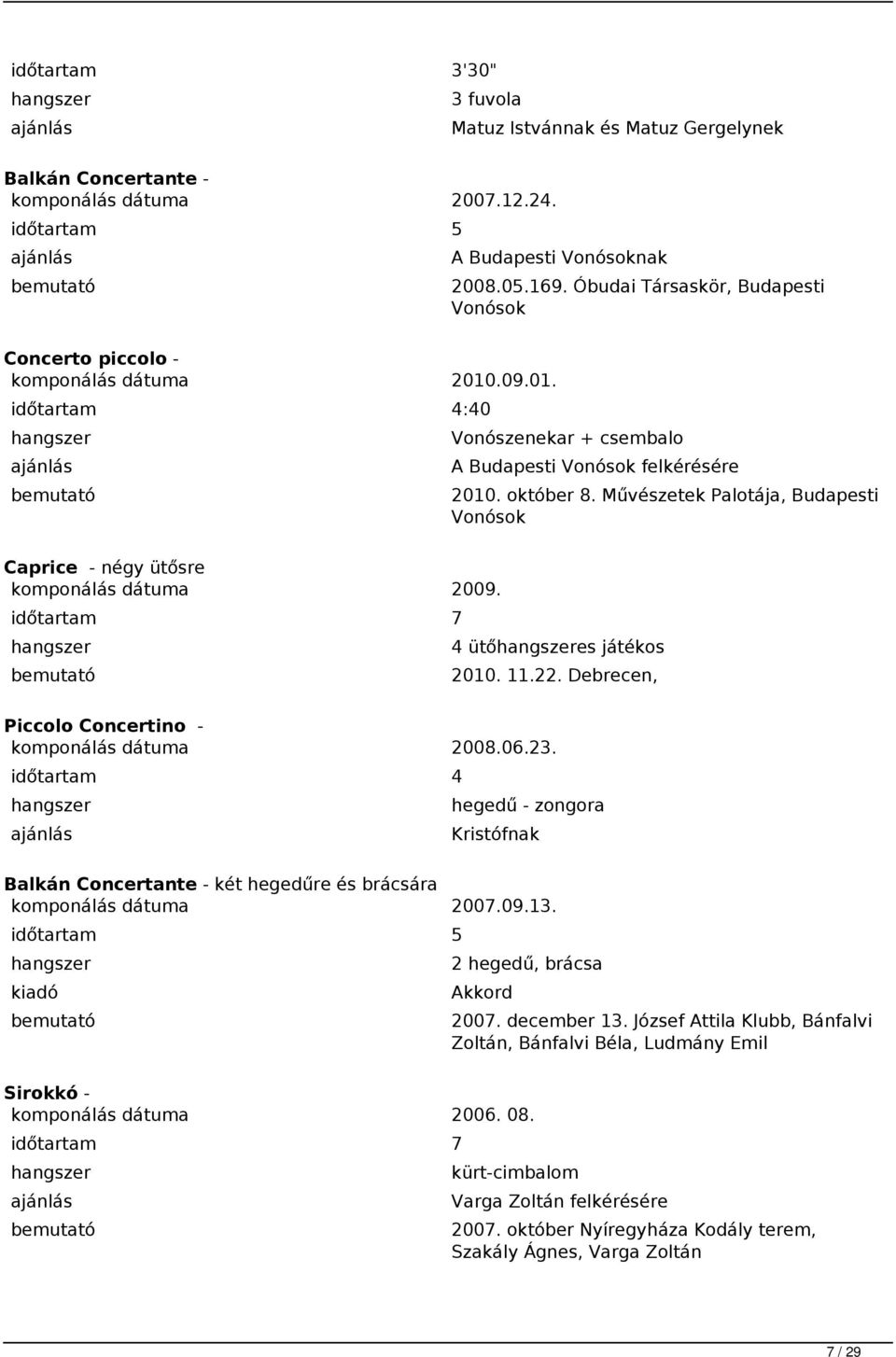 Művészetek Palotája, Budapesti Vonósok Caprice - négy ütősre komponálás dátuma 2009. 7 4 ütőes játékos 2010. 11.22. Debrecen, Piccolo Concertino - komponálás dátuma 2008.06.23.