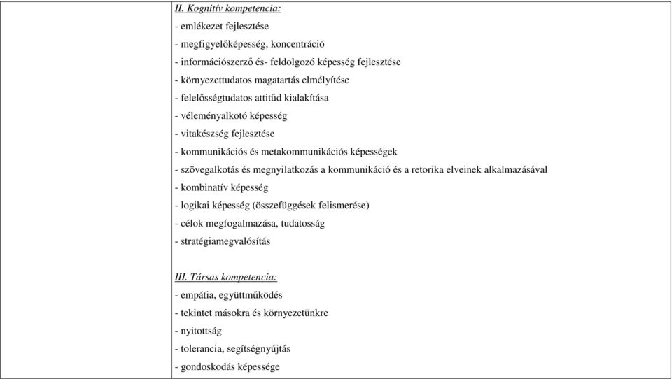 megnyilatkozás a kommunikáció és a retorika elveinek alkalmazásával - kombinatív képesség - logikai képesség (összefüggések felismerése) - célok megfogalmazása, tudatosság