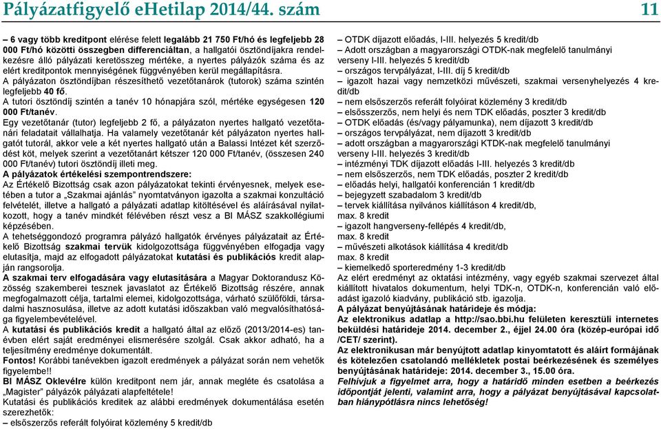 mértéke, a nyertes pályázók száma és az elért kreditpontok mennyiségének függvényében kerül megállapításra.