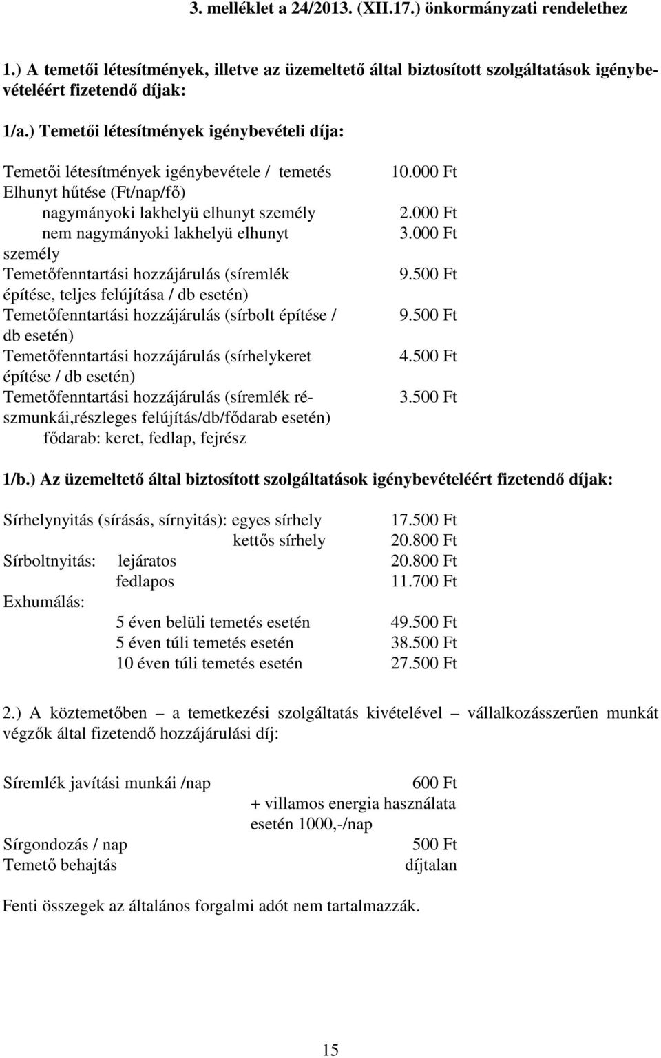 Temetőfenntartási hozzájárulás (síremlék építése, teljes felújítása / db esetén) Temetőfenntartási hozzájárulás (sírbolt építése / db esetén) Temetőfenntartási hozzájárulás (sírhelykeret építése / db