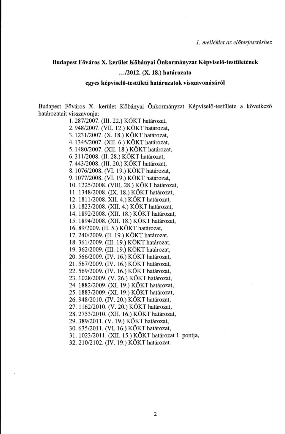 ) KÖKT határozat, 2. 948/2007. (VII. 12.) KÖKT határozat, 3. 1231/2007. (X. 18.) KÖKT határozat, 4. 1345/2007. (XII. 6.) KÖKT határozat, 5. 1480/2007. (XII. 18.) KÖKT határozat, 6. 311/2008. (II. 28.