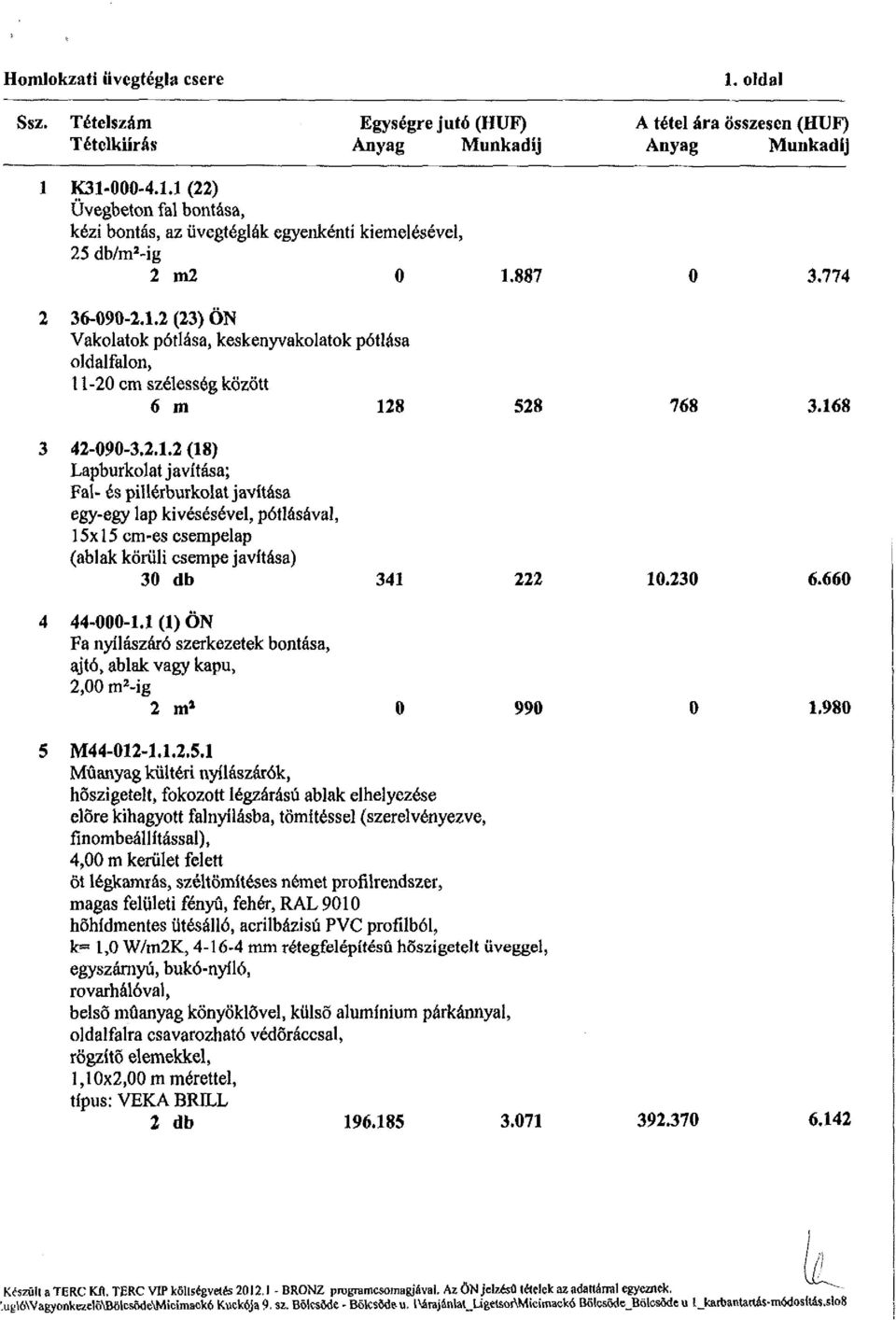 660 4 44-000-1.1 (1) ÖN Fa nyílászáró szerkezetek bontása, ajtó, ablak vagy kapu, 2,00 m 2 -ig 2 m* 0 990 0 1.980 5 