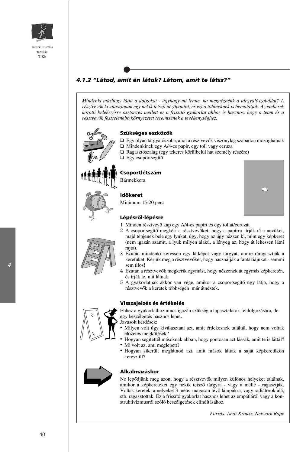 Az emberek közötti beleérzésre ösztönzés mellett ez a frissítô gyakorlat ahhoz is hasznos, hogy a team és a résztvevôk fesztelenebb környezetet teremtsenek a tevékenységhez.