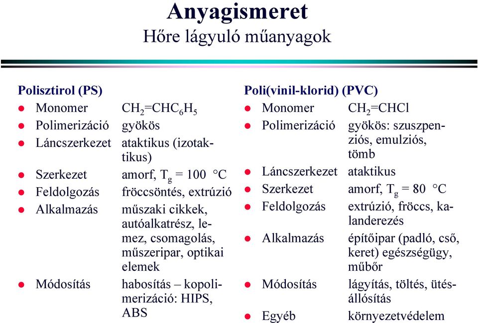kopolimerizáció: HIPS, ABS Poli(vinil-klorid) (PVC) Monomer CH 2 =CHCl Polimerizáció gyökös: szuszpenziós, emulziós, tömb Láncszerkezet ataktikus Szerkezet