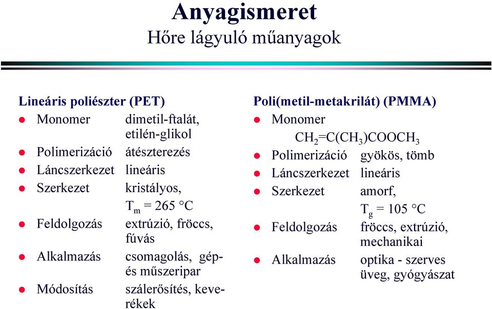 műszeripar Módosítás szálerősítés, keverékek Poli(metil-metakrilát) (PMMA) Monomer CH 2 =C(CH 3 )COOCH 3 Polimerizáció gyökös,