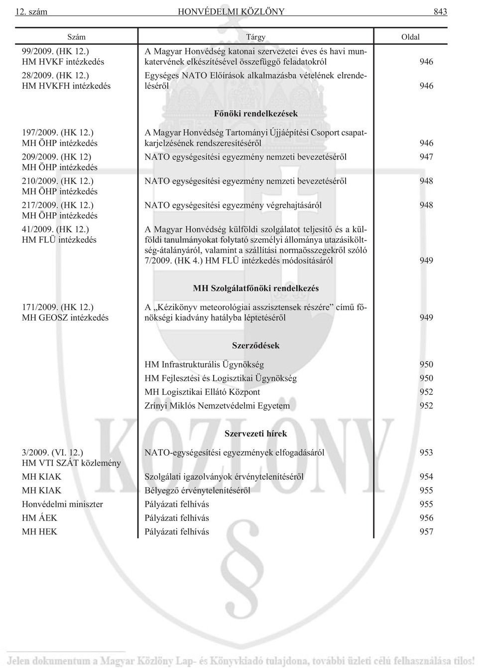 ) HM HVKFH intézkedés A Magyar Honvédség katonai szervezetei éves és havi munkatervének elkészítésével összefüggõ feladatokról 946 Egységes NATO Elõírások alkalmazásba vételének elrendelésérõl 946