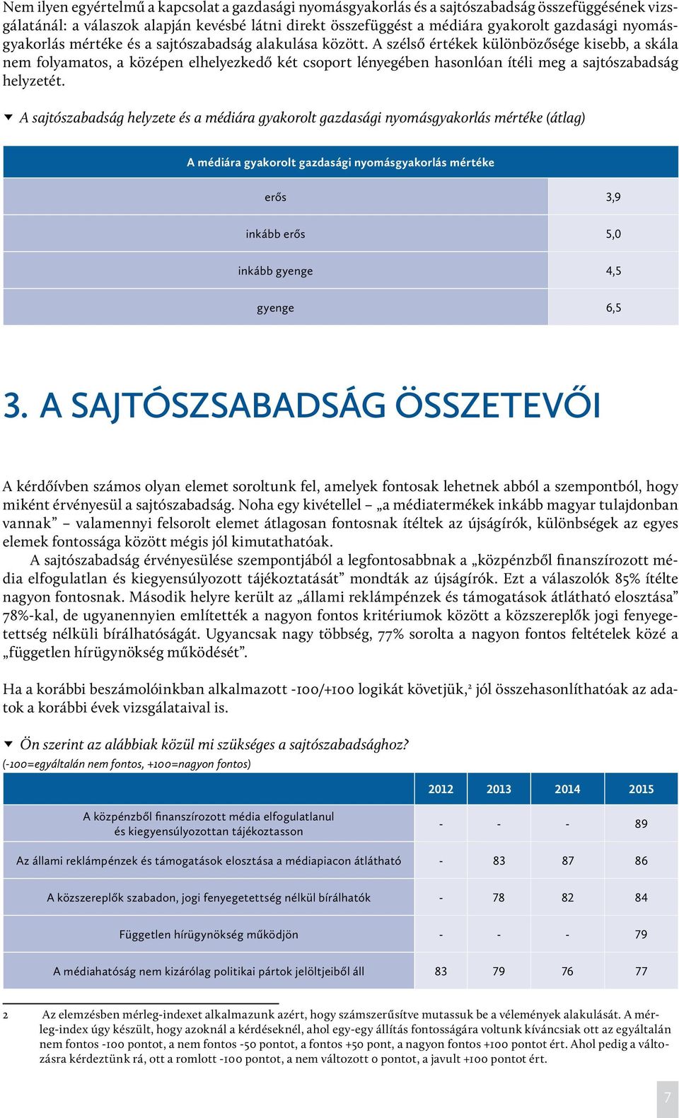 A szélső értékek különbözősége kisebb, a skála nem folyamatos, a középen elhelyezkedő két csoport lényegében hasonlóan ítéli meg a sajtószabadság helyzetét.