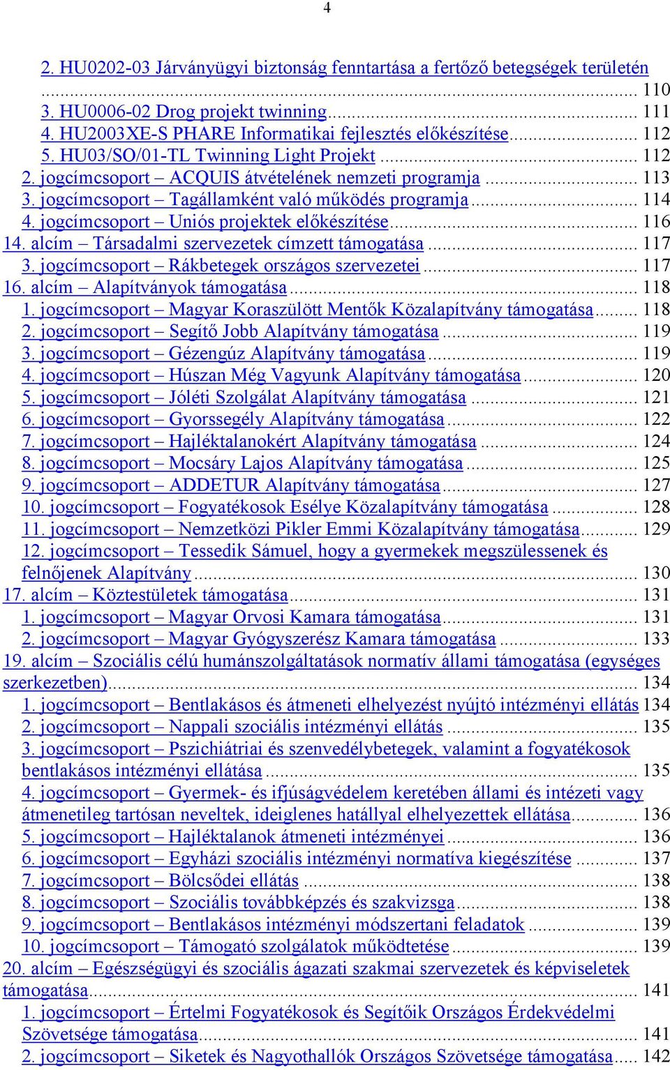 jogcímcsoport Uniós projektek előkészítése... 116 14. alcím Társadalmi szervezetek címzett támogatása... 117 3. jogcímcsoport Rákbetegek országos szervezetei... 117 16. alcím Alapítványok támogatása.