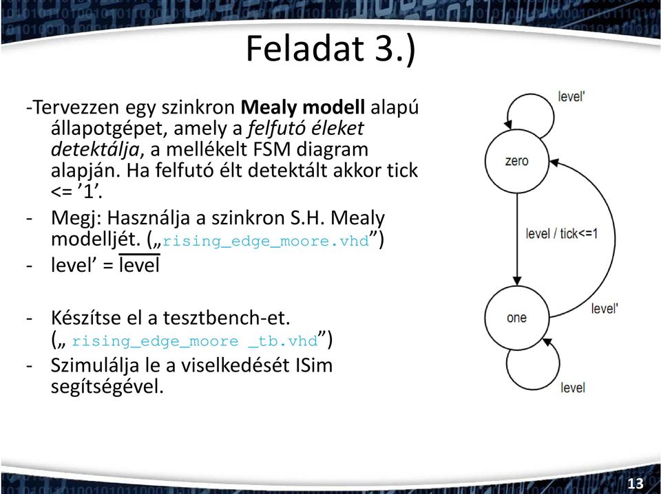 mellékelt FSM diagram alapján. Ha felfutó élt detektált akkor tick <= 1.