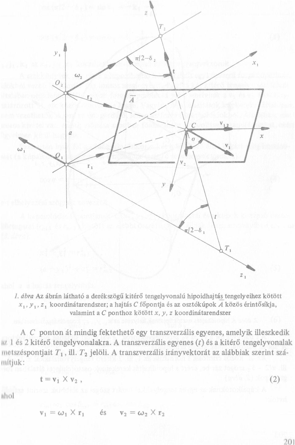 közös érintősíkja, vaamint a C ponthoz kötött x, y, z koordinátarendszer A C ponton át mindig fektethető egy transzverzáis egyenes, ameyik ieszkedik az I és 2