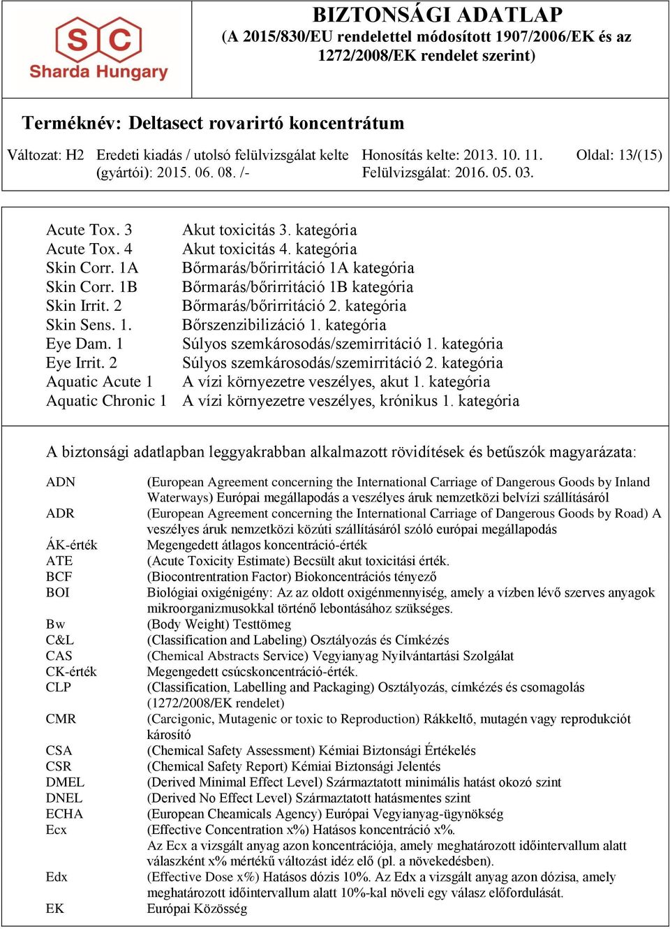 kategória Eye Irrit. 2 Súlyos szemkárosodás/szemirritáció 2. kategória Aquatic Acute 1 A vízi környezetre veszélyes, akut 1. kategória Aquatic Chronic 1 A vízi környezetre veszélyes, krónikus 1.