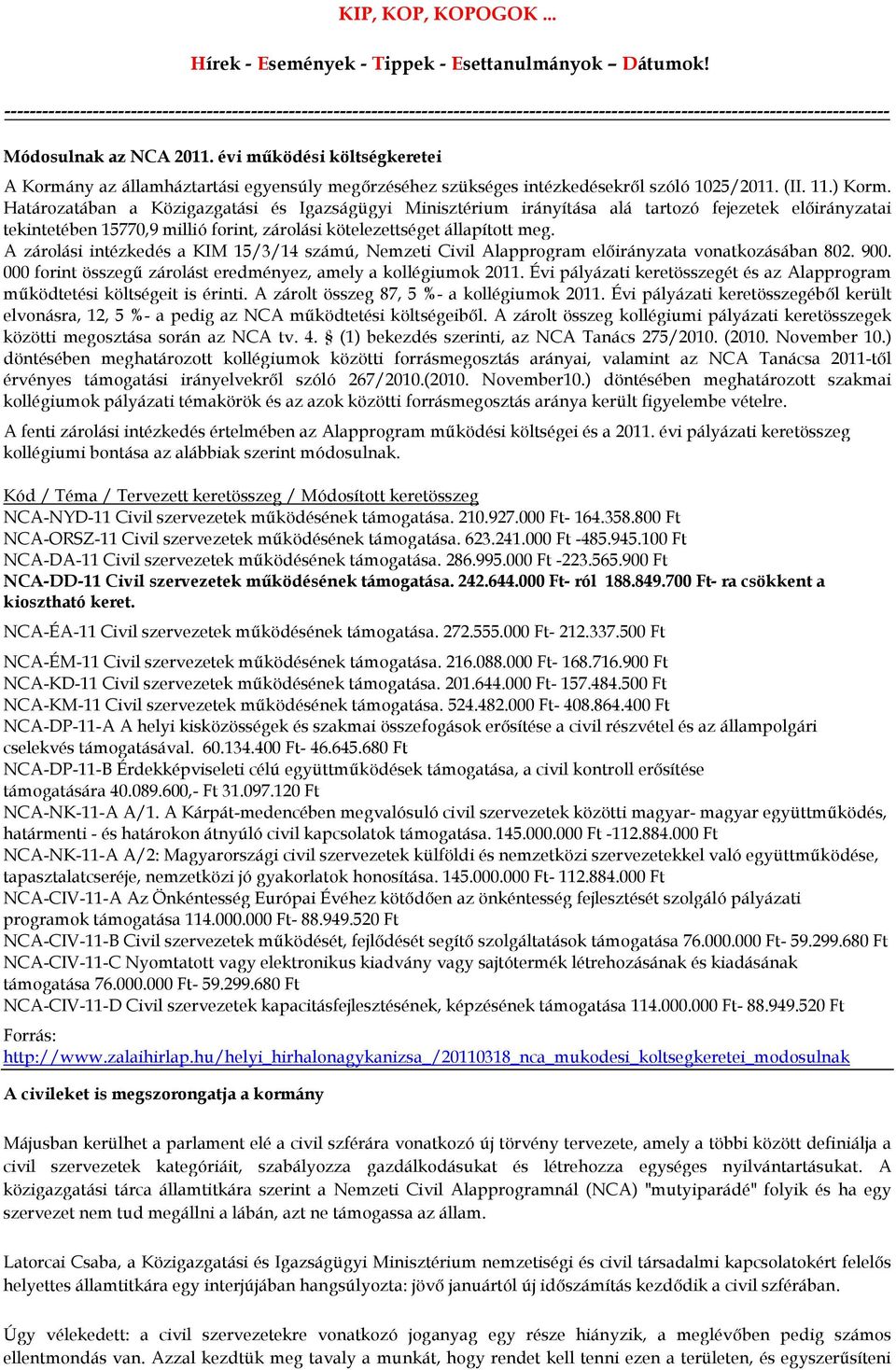 évi mőködési költségkeretei A Kormány az államháztartási egyensúly megırzéséhez szükséges intézkedésekrıl szóló 1025/2011. (II. 11.) Korm.