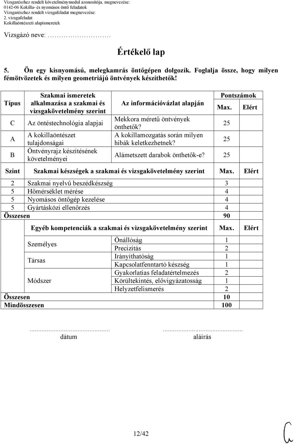 alapján Mekkora méretű öntvények önthetők? kokillamozgatás során milyen hibák keletkezhetnek? Pontszámok Max. lámetszett darabok önthetők-e?