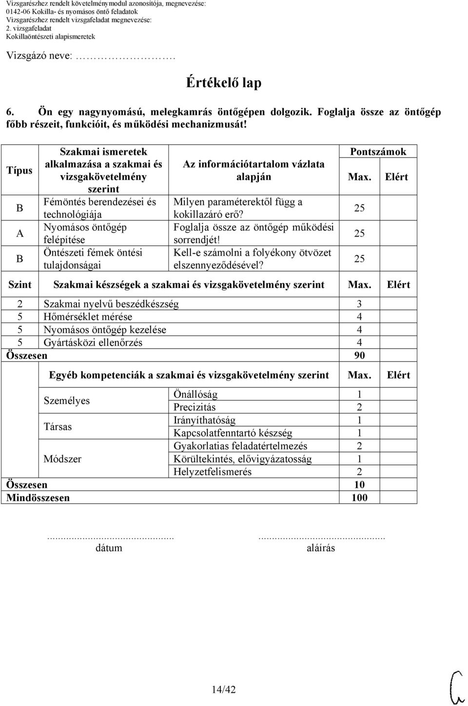 információtartalom vázlata alapján Milyen paraméterektől függ a kokillazáró erő? Foglalja össze az öntőgép működési sorrendjét! Kell-e számolni a folyékony ötvözet elszennyeződésével? Pontszámok Max.