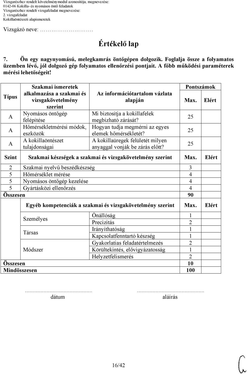 Típus Szakmai ismeretek alkalmazása a szakmai és vizsgakövetelmény szerint Nyomásos öntőgép felépítése Hőmérsékletmérési módok, eszközök kokillaöntészet tulajdonságai z információtartalom vázlata