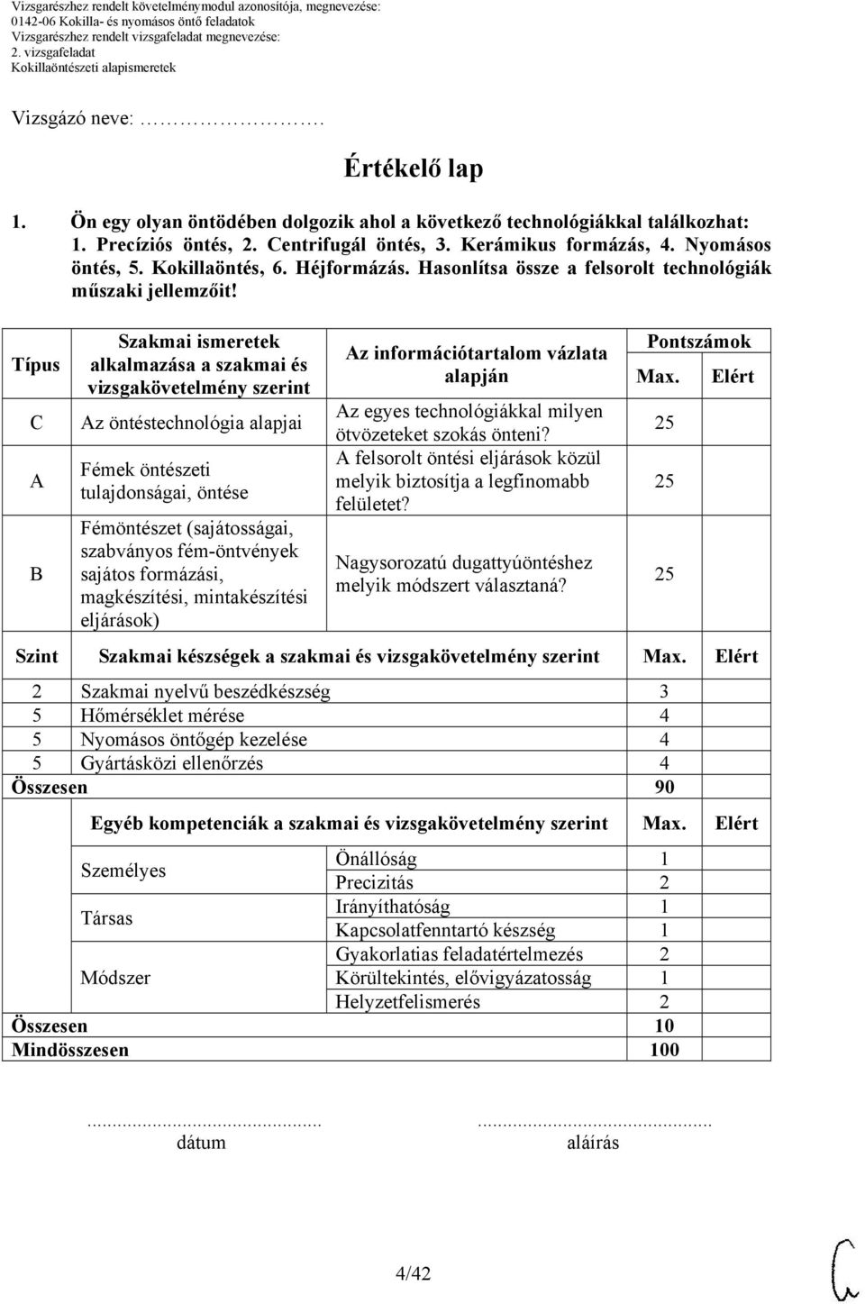 Típus C B Szakmai ismeretek alkalmazása a szakmai és vizsgakövetelmény szerint z öntéstechnológia alapjai Fémek öntészeti tulajdonságai, öntése Fémöntészet (sajátosságai, szabványos fém-öntvények