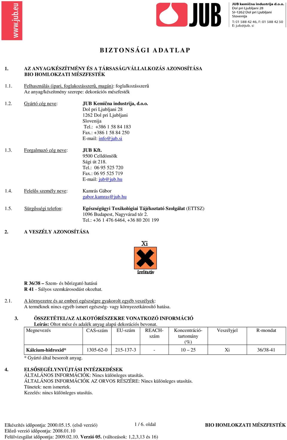 9500 Celldömölk Sági út 218. Tel.: 06 95 525 720 Fax.: 06 95 525 719 E-mail: jub@jub.hu 1.4. Felelıs személy neve: Kamrás Gábor gabor.kamras@jub.hu 1.5. Sürgısségi telefon: Egészségügyi Toxikológiai Tájékoztató Szolgálat (ETTSZ) 1096 Budapest, Nagyvárad tér 2.