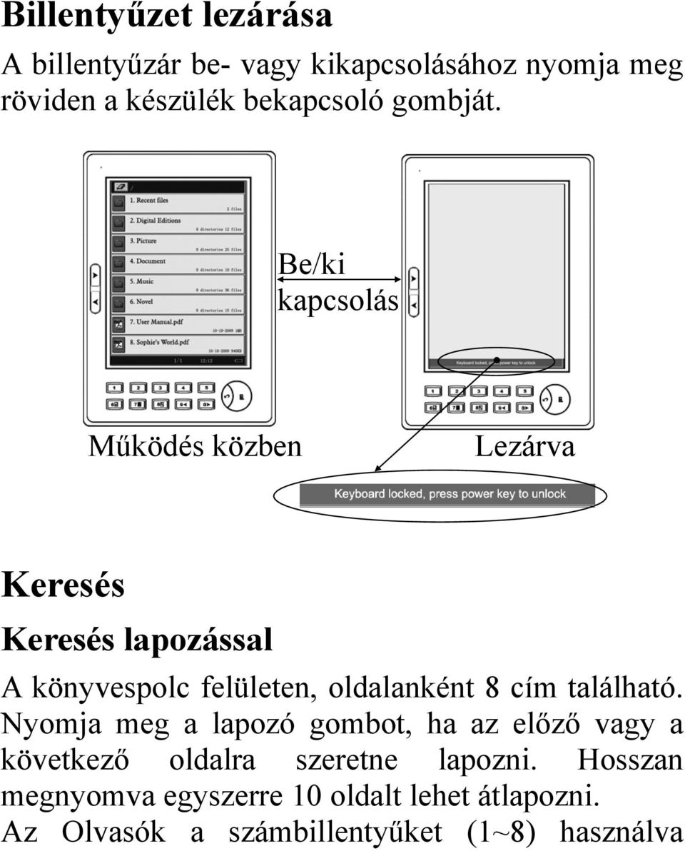 Be/ki kapcsolás Működés közben Lezárva Keresés Keresés lapozással A könyvespolc felületen, oldalanként