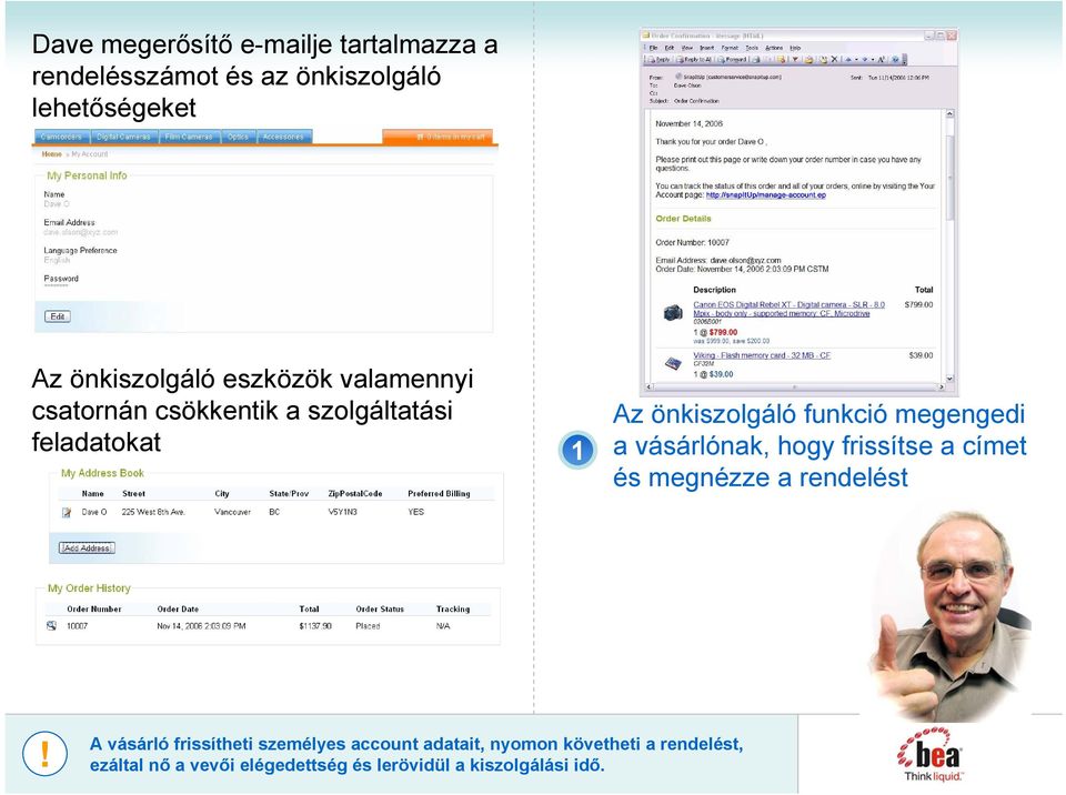 a vásárlónak, hogy frissítse a címet és megnézze a rendelést A vásárló frissítheti személyes account