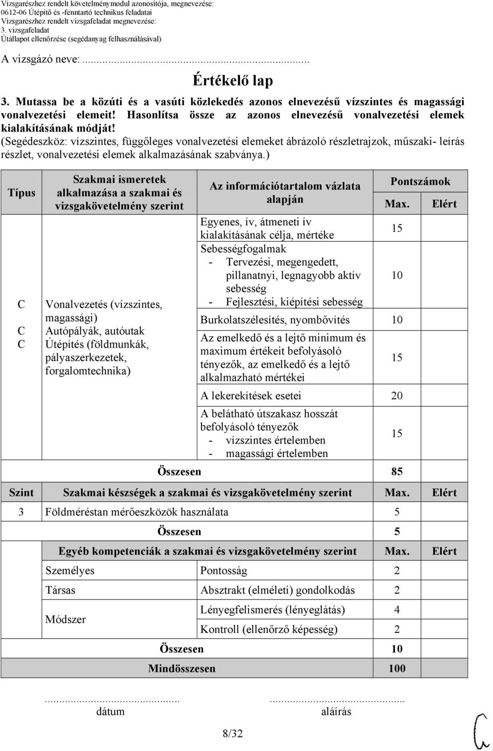 (Segédeszköz: vízszintes, függőleges vonalvezetési elemeket ábrázoló részletrajzok, műszaki- leírás részlet, vonalvezetési elemek alkalmazásának szabványa.