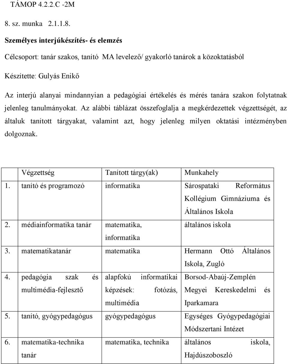 Személyes interjúkészítés- és elemzés Célcsoport: tanár szakos, tanító MA levelező/ gyakorló tanárok a közoktatásból Készítette: Gulyás Enikő Az interjú alanyai mindannyian a pedagógiai értékelés és