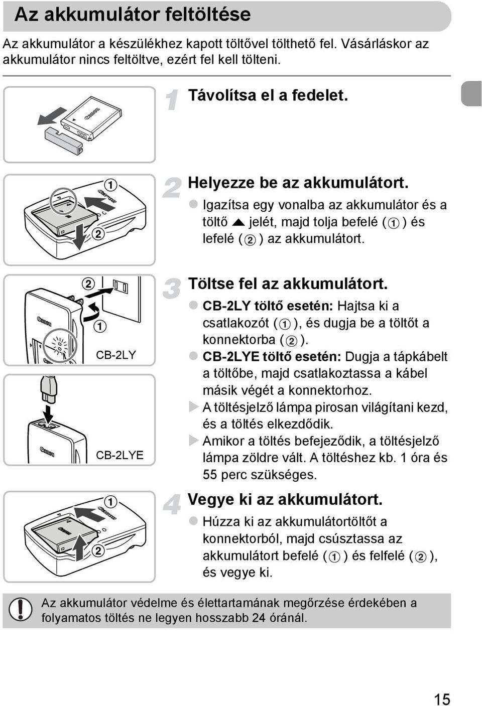 CB-2LY töltő esetén: Hajtsa ki a csatlakozót ( ), és dugja be a töltőt a konnektorba ( ). CB-2LYE töltő esetén: Dugja a tápkábelt a töltőbe, majd csatlakoztassa a kábel másik végét a konnektorhoz.