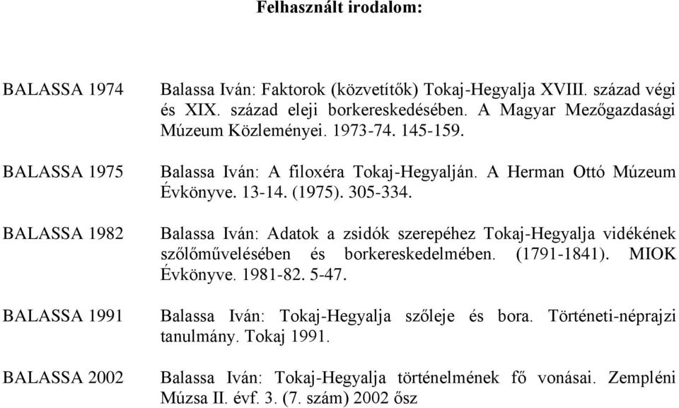 (1975). 305-334. Balassa Iván: Adatok a zsidók szerepéhez Tokaj-Hegyalja vidékének szőlőművelésében és borkereskedelmében. (1791-1841). MIOK Évkönyve. 1981-82. 5-47.