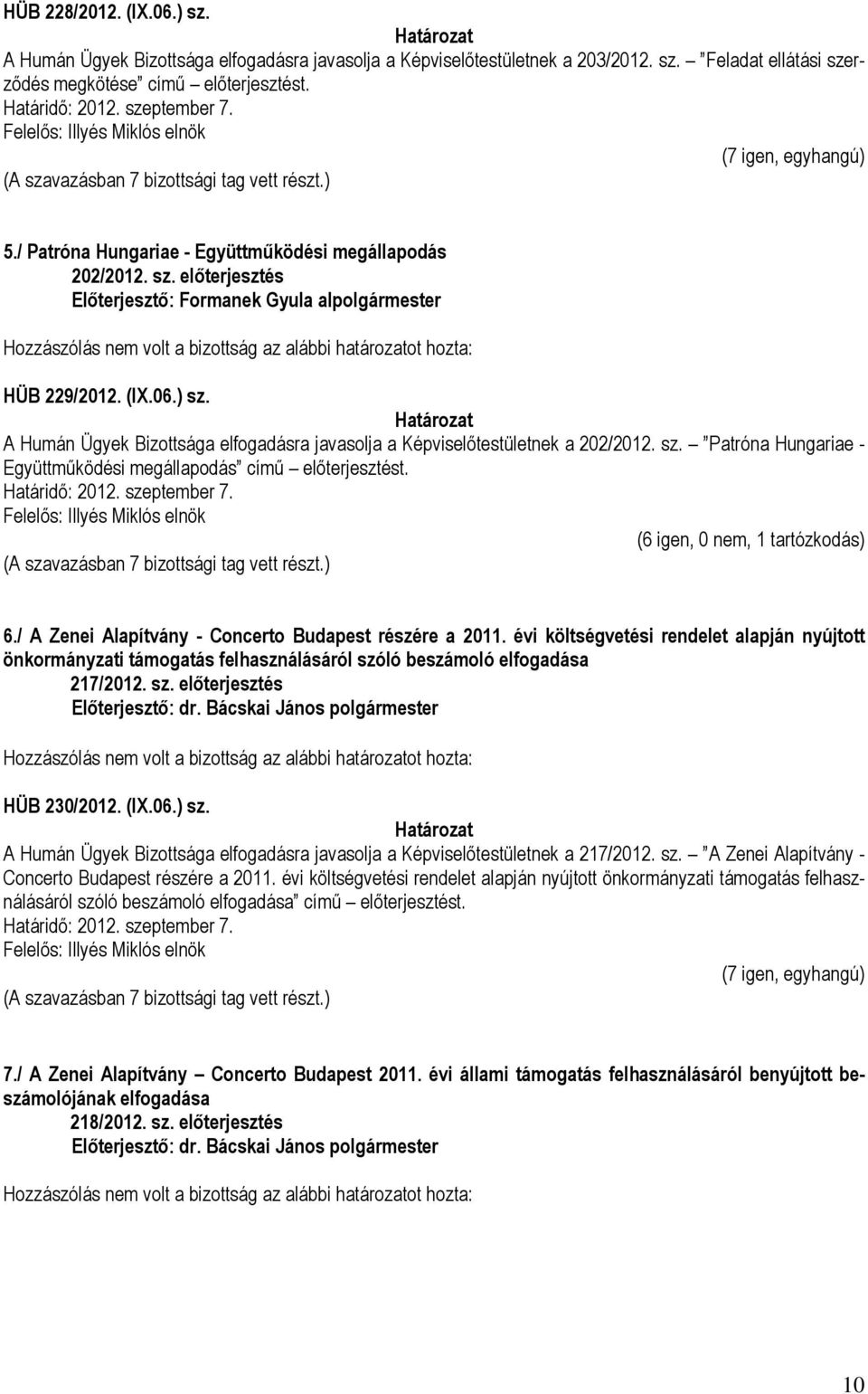 A Humán Ügyek Bizottsága elfogadásra javasolja a Képviselőtestületnek a 202/2012. sz. Patróna Hungariae - Együttműködési megállapodás című előterjesztést. (6 igen, 0 nem, 1 tartózkodás) 6.
