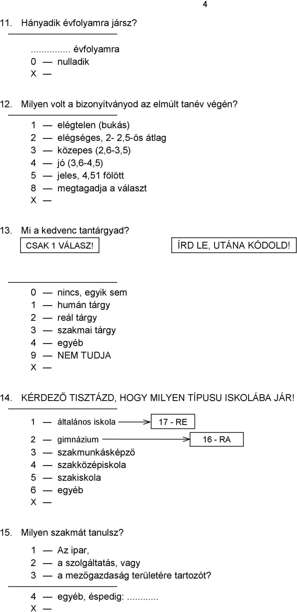 CSAK 1 VÁLASZ! ÍRD LE, UTÁNA KÓDOLD! 0 nincs, egyik sem 1 humán tárgy 2 reál tárgy 3 szakmai tárgy 4 egyéb 14. KÉRDEZŐ TISZTÁZD, HOGY MILYEN TÍPUSU ISKOLÁBA JÁR!