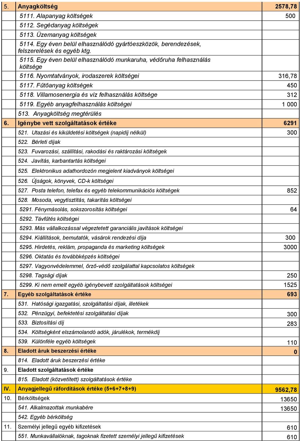 Villamosenergia és víz felhasználás költsége 312 5119. Egyéb anyagfelhasználás költségei 1 000 513. Anyagköltség megtérülés 6. Igénybe vett szolgáltatások értéke 6291 521.