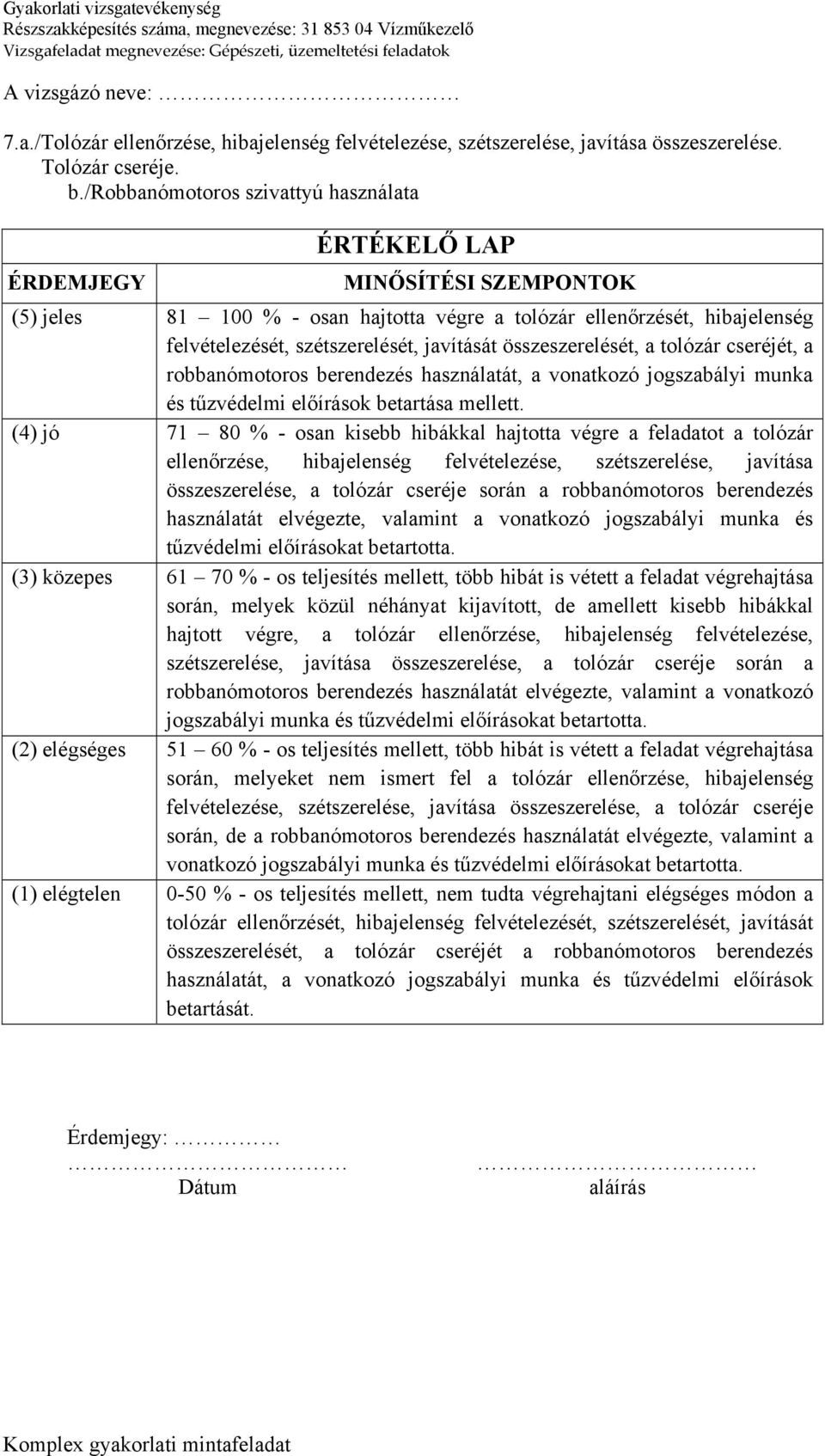 javítását összeszerelését, a tolózár cseréjét, a robbanómotoros berendezés használatát, a vonatkozó jogszabályi munka és tűzvédelmi előírások betartása mellett.