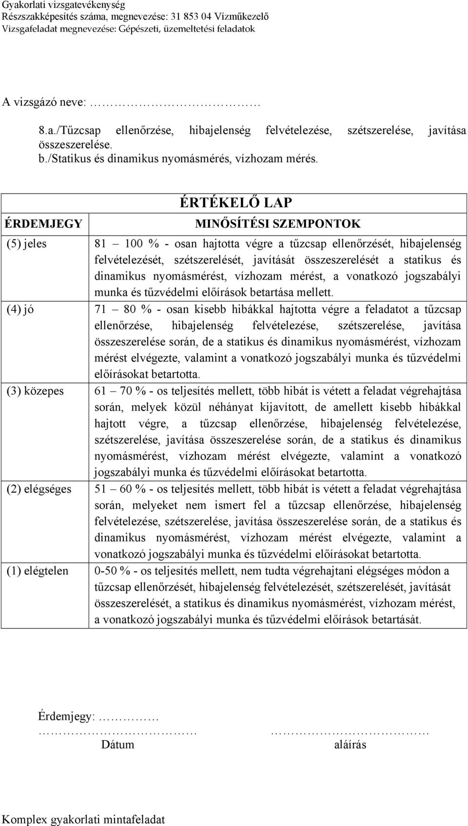 dinamikus nyomásmérést, vízhozam mérést, a vonatkozó jogszabályi munka és tűzvédelmi előírások betartása mellett.