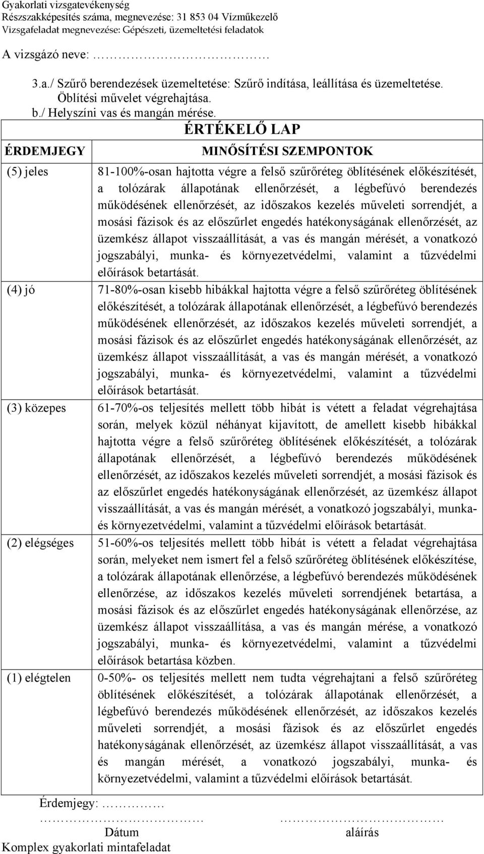 működésének ellenőrzését, az időszakos kezelés műveleti sorrendjét, a mosási fázisok és az előszűrlet engedés hatékonyságának ellenőrzését, az üzemkész állapot visszaállítását, a vas és mangán