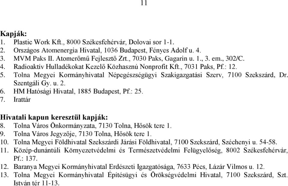 Tolna Megyei Kormányhivatal Népegészségügyi Szakigazgatási Szerv, 7100 Szekszárd, Dr. Szentgáli Gy. u. 2. 6. HM Hatósági Hivatal, 1885 Budapest, Pf.: 25. 7. Irattár Hivatali kapun keresztül kapják: 8.